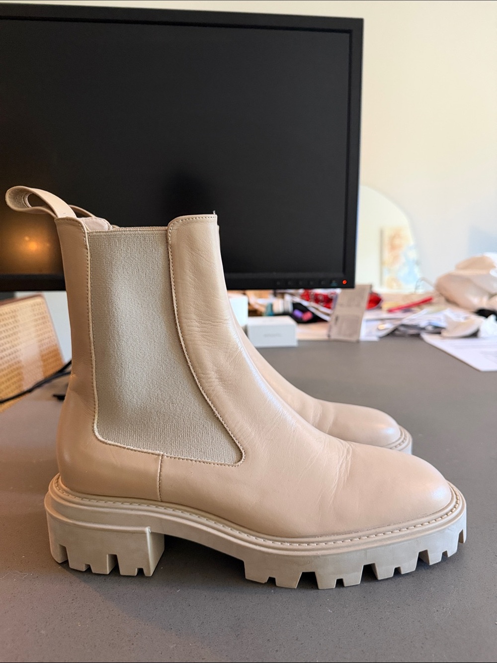 Zara Cream Leather Chelsea Lug-Sole Ankle Boots NWT
